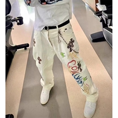 男女同款经典涂鸦彩绘豹纹十字架直筒牛仔裤女设计感休闲长裤子，男装牛仔裤，星座506A