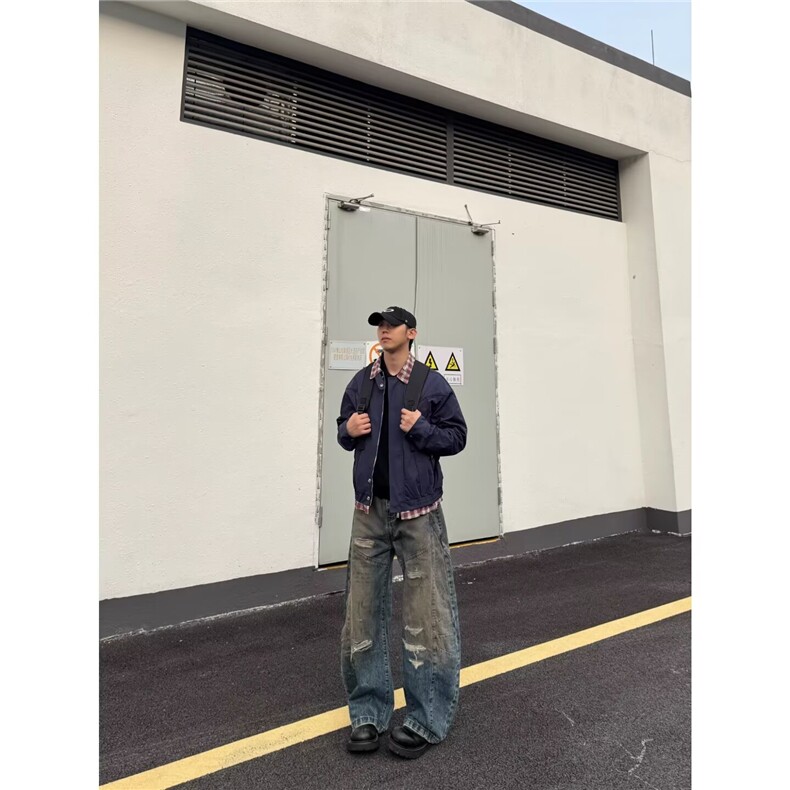 INSstudios潮牌情侣美式拼接格子假两件夹克外套春季翻领开衫,男装夹克,四季星座505