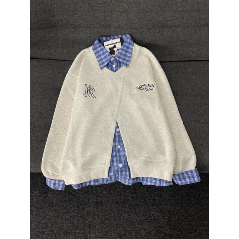 5280-P50假两件拼接格子polo领休闲卫衣薄款图片