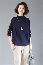 2021春秋装新款文艺条纹撞色高领打底衫韩版休闲t恤女长袖宽松，女装卫衣/绒衫，涵誉