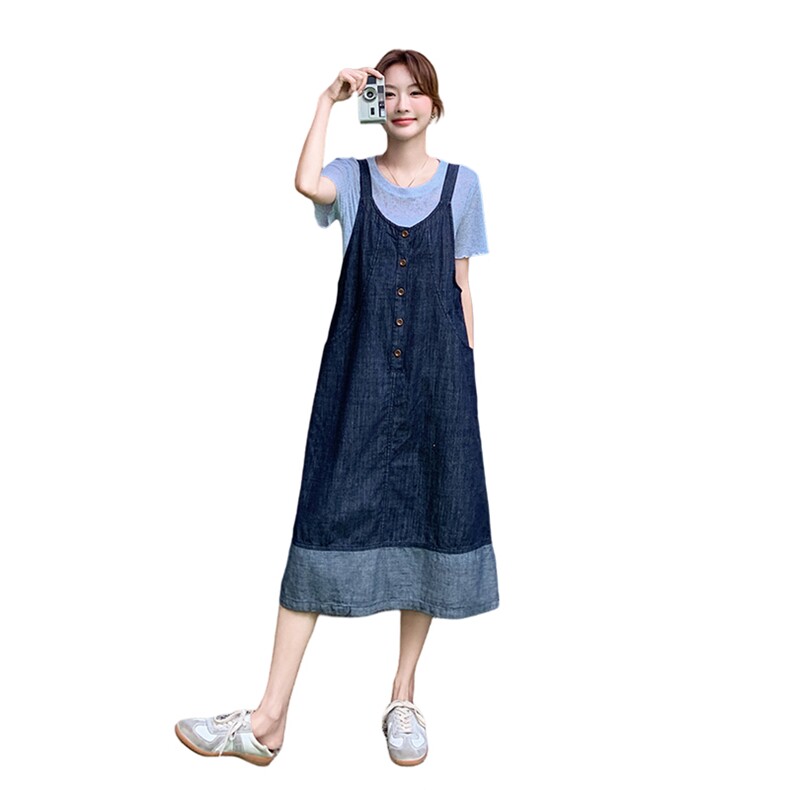 俏皮减龄撞色淡人牛仔背带裙套装女2025夏季减龄百搭款T恤两件套,女装套装/套裙,2B237