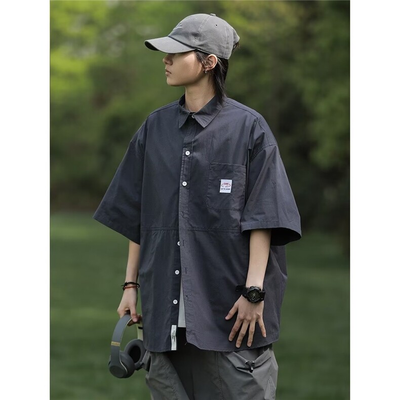 C242-P35美式复古短袖衬衫男潮牌潮流夏季山系穿搭外套工装上衣,男装T恤,电商B323A