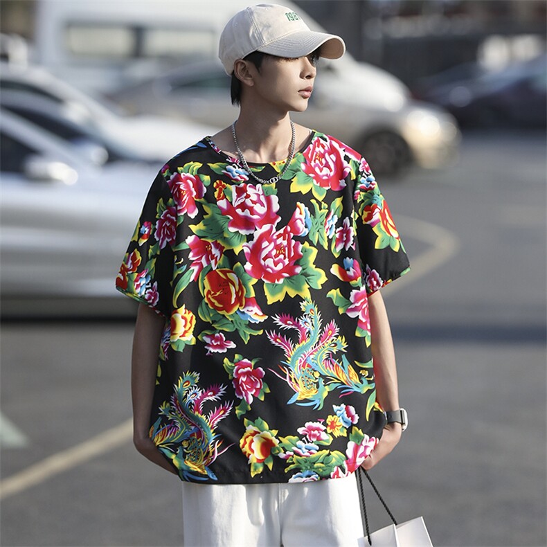 HT203夏男休闲东北大花民族风牡丹花圆领短袖T恤青少年大码男女潮,男装T恤,星座115A(原星座507）