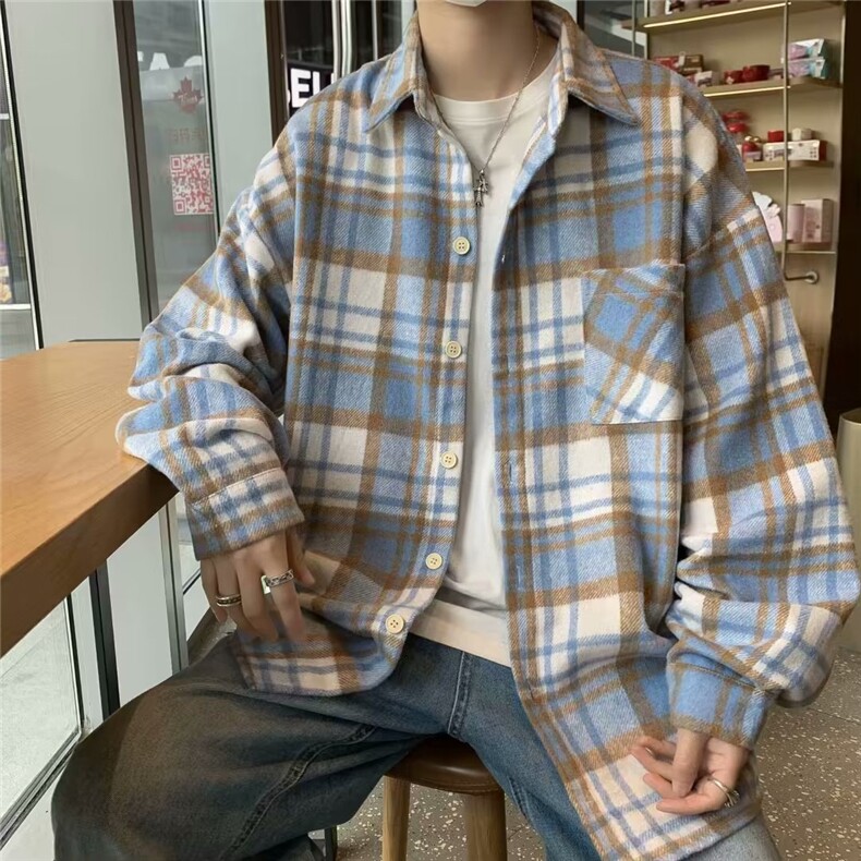 小香风法兰绒格子外套男秋季美式复古情侣翻领格纹长袖衬衫式夹克,男装衬衫,星座412-3