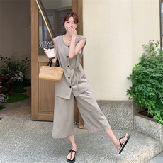 现货！系带圆领上衣+高腰7分阔腿裤套装6808-P135-K208，女装套装/套裙，2D034