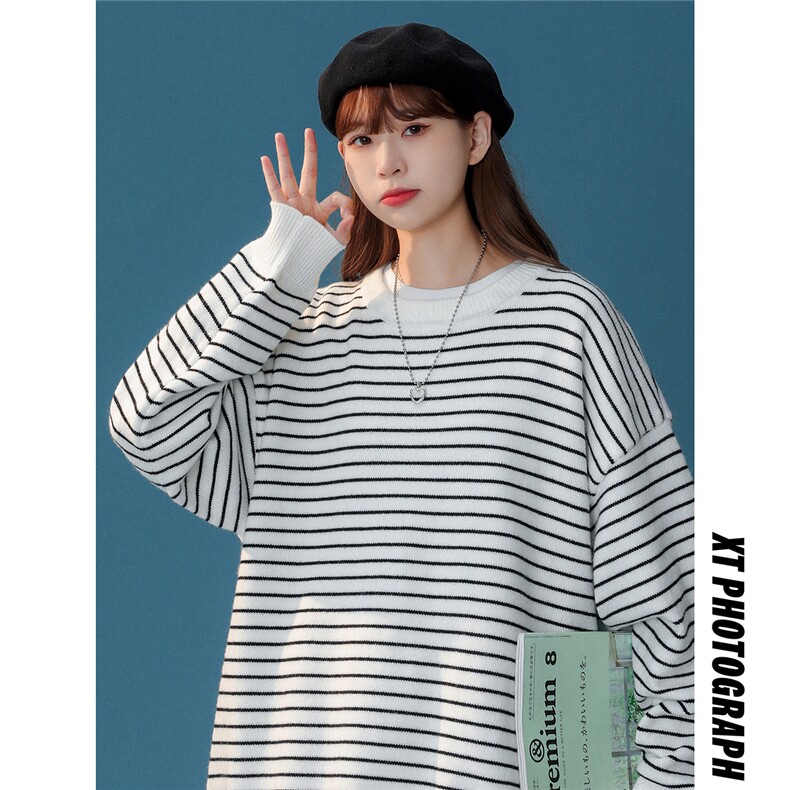1中性风休闲条纹圆领套头毛衣大码M-5XL针织衫外套女8721P60控88，女装针织衫/毛衣，星座226-2