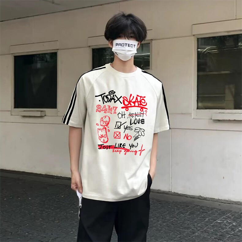 抖音得物高品质二开240克宽松纯棉美式潮牌三条杠织带短袖T恤,男装T恤,电商A486-1