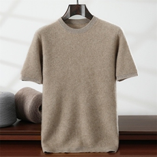 新款纯色圆领短袖时尚百搭，男装针织衫/毛衣，隆格羊绒