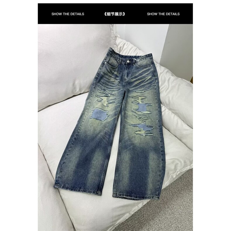 W11012-P58网图现货美式高街复古破洞牛仔裤潮牌痞帅宽松直筒裤,男装牛仔裤,星座1608