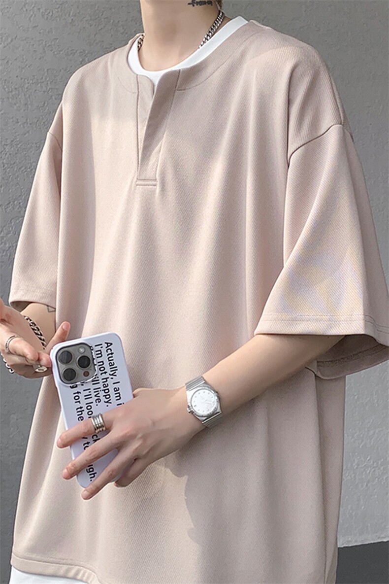 8XL-M重磅斜纹假两件短袖t恤男夏季薄款宽松大码半袖体恤DT006P45,男装T恤,电商B312