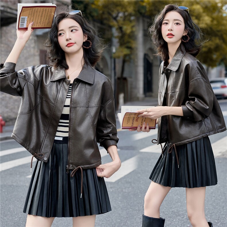 复古机车风短款皮衣外套女2025秋季新款小个子宽松翻领PU夹克上衣,女装皮衣,英标秀（1C119）