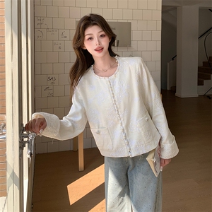 新中式刺绣亮片苎麻短外套女2025春季新款重工蕾丝钩花小香风上衣图片