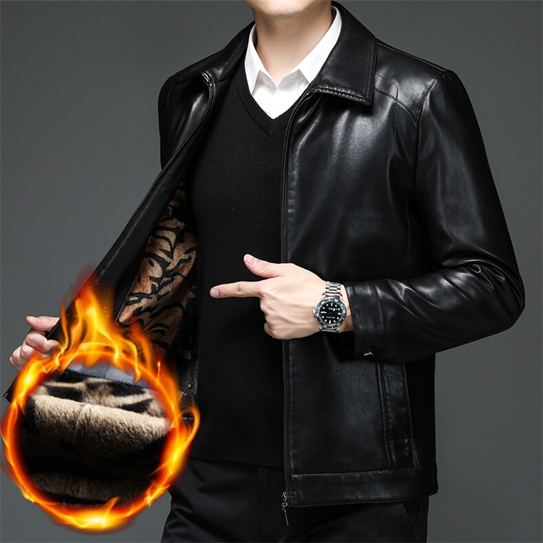 加绒加厚皮衣男士休闲翻领免打理爸爸冬装外套中老年冬季皮夹克男，男装皮衣，电商B212（原钱塘6029）