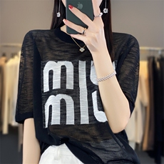 2024年夏季短袖套头圆领时尚气质字母显瘦针织衫，女装针织衫/毛衣，大美人包芯纱店