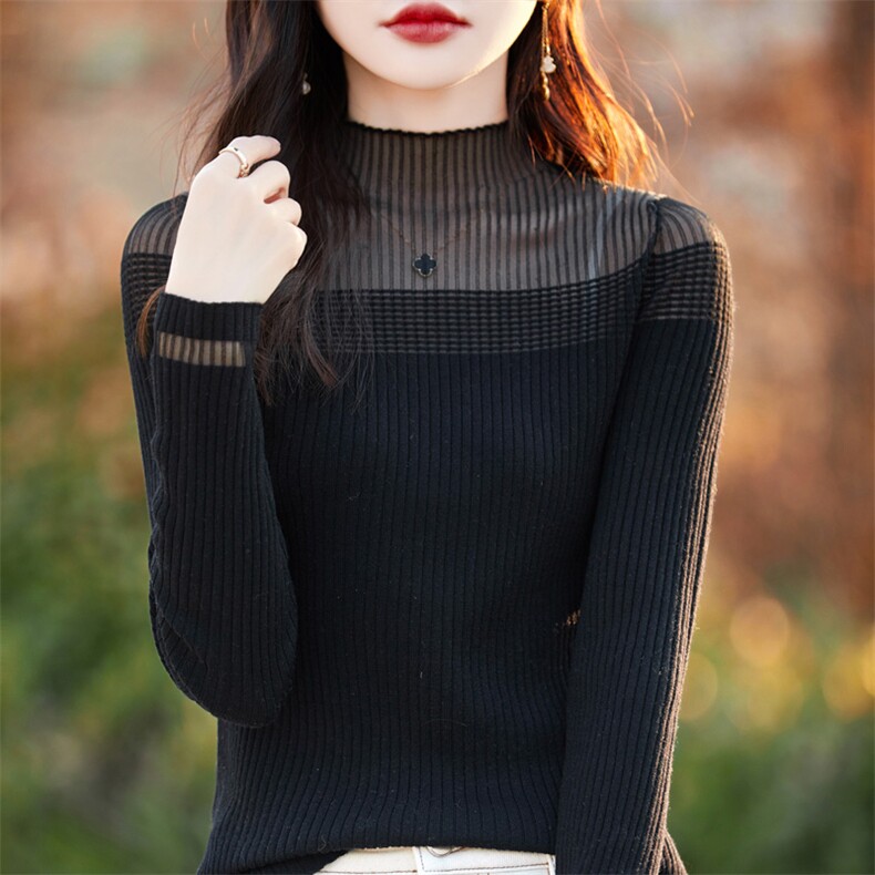 蕾丝半高领打底衫女小香风内搭上衣毛衣修身薄款针织衫羊毛衫洋气,女装羊毛衫,总能电商供货