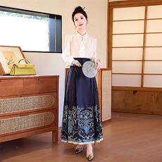 新款2024年春季新中式印花盘扣马面裙两件套，女装套装/套裙，蓝诺裳