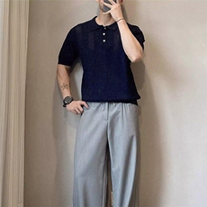 夏季薄款针织短袖男士POLO衫镂空设计感透气条纹T恤男WLC033-P45，男装T恤，星座1008