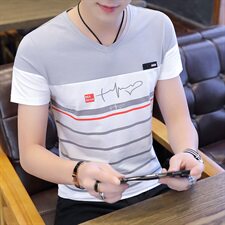 款5027短袖t恤男夏季新款韩版v领条纹纯棉体恤潮流个性半袖，男装T恤，电商D310（原电商305）