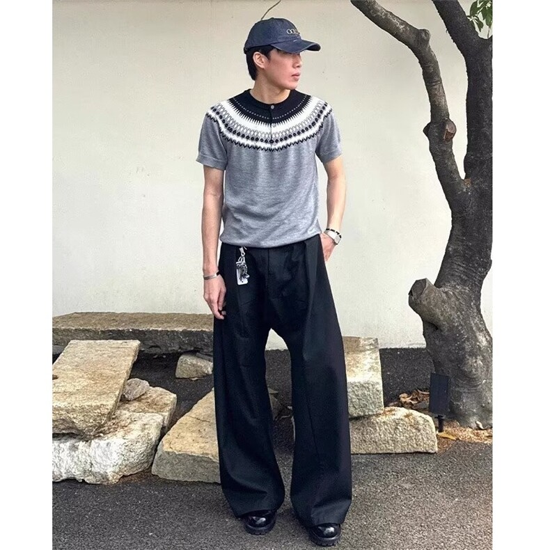 美式复古费尔岛撞色圆领短袖t恤夏季百搭亨利领针织上衣KTX143,男装T恤,星座208-5