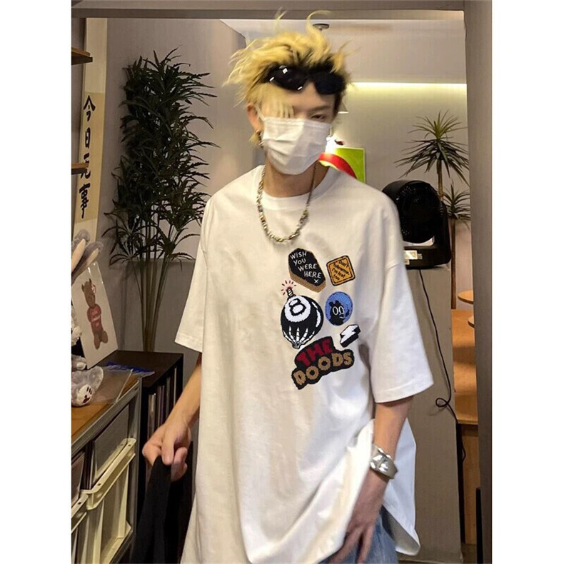 万针全刺绣工艺得物抖音高品质260克纯棉双纱美式高街短袖T恤P33,男装T恤,电商A486-1