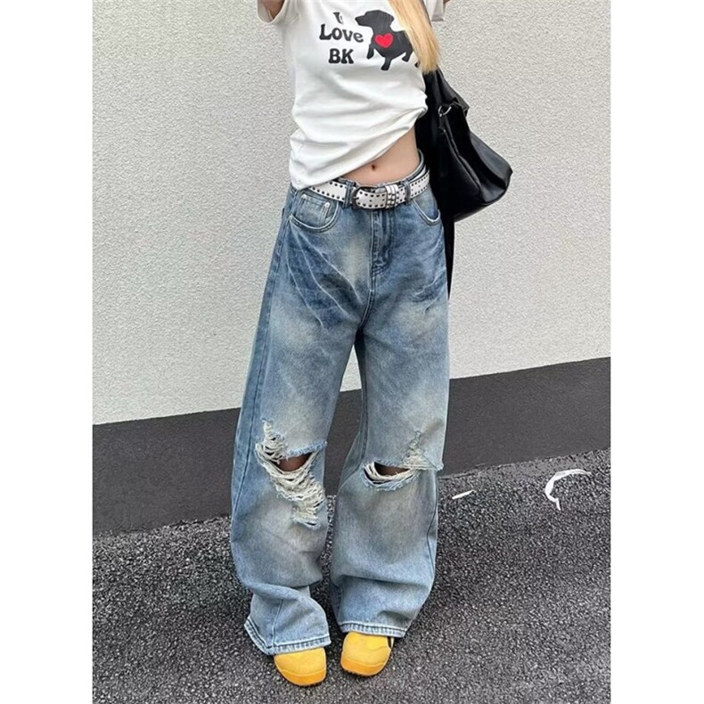 新款胖mm美式复古破洞牛仔裤女高腰宽松显瘦阔腿裤NH8058,男装牛仔裤,星座1116A（原606A-3）