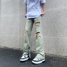 现货夏季修身vibe美式高街破洞黄泥染拉链牛仔裤男K822-K823-P55，男装牛仔裤，星座205