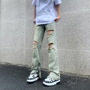 现货 夏季修身vibe美式高街破洞黄泥染拉链牛仔裤男K822-K823-P55图片