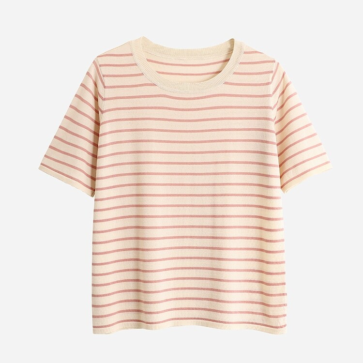 2025新款女士夏季简约百搭时尚舒适圆领条纹短袖，女装T恤，斯尔特羊绒