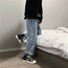 1008-1-K52-P35 秋冬新款直筒宽松休闲情侣中性纯色牛仔裤 主推图片