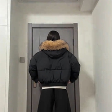 现货三防重磅硬挺boxy短款羽绒棉衣座山雕大毛毛领PU皮棉服外套冬，男装棉衣，电商A486-1