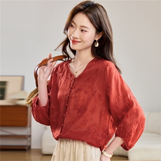 2026春秋季苎麻时尚简约大方气质优雅刺绣休闲透气衬衫，女装衬衫，独衣靓