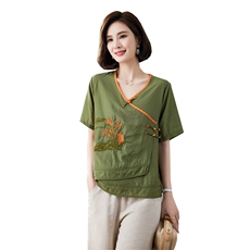 现货2023夏季新款复古盘扣刺绣设计斜襟套头短袖，女装蕾丝衫/雪纺衫，深水步