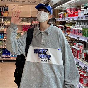 复古春季Polo衫长袖卫衣美式男潮ins字母拼接港风上衣W2597-P32,男装卫衣,星座512-2