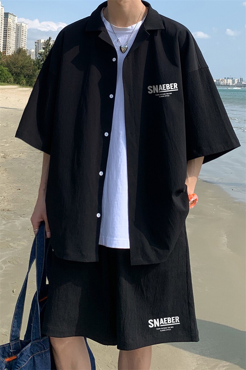 港风23新款印花开衫翻领短袖T恤百搭休闲短裤套装TZ6991P65控98,男装牛仔裤,电商A268A