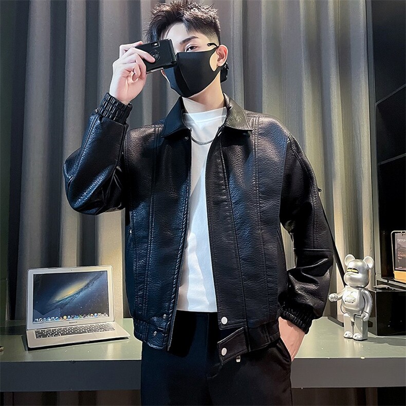 皮衣男秋季潮牌2025新款翻领修身短款帅气机车皮褂子痞帅男生图片