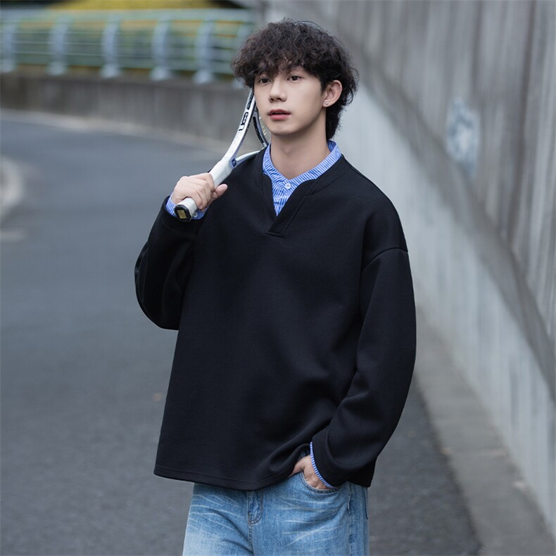 Y503-P45港风假两件小立领卫衣男落肩打底衫潮流百搭上衣外,男装T恤,星座1204