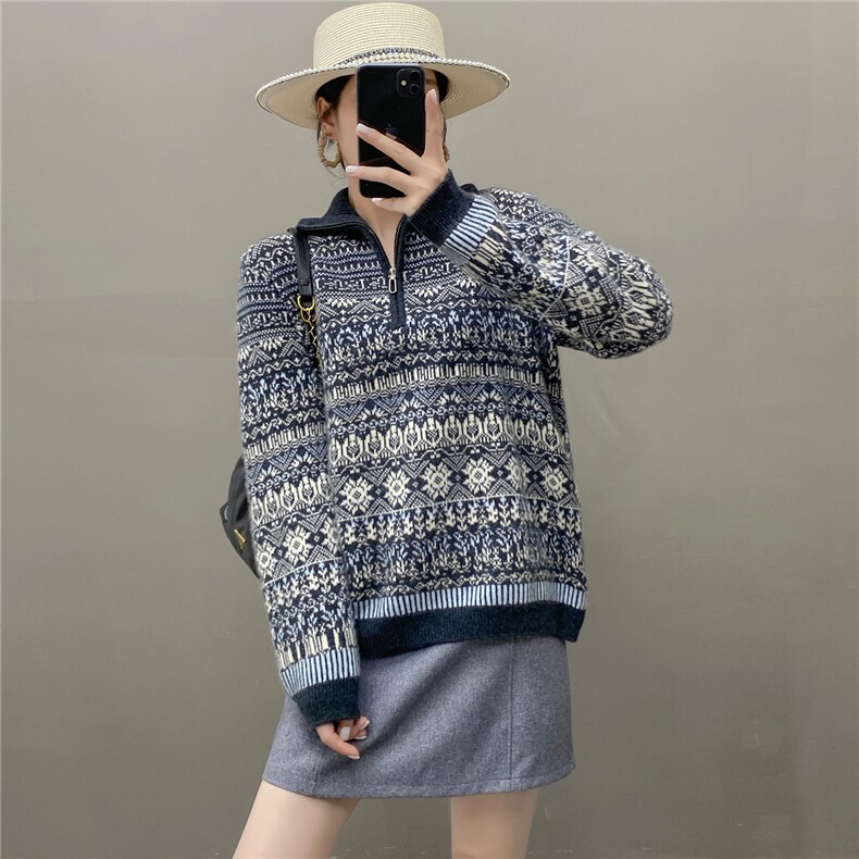 2025年秋季宽松型通勤套头长袖半开拉链时尚百搭通勤，女装针织衫/毛衣，织绒羊