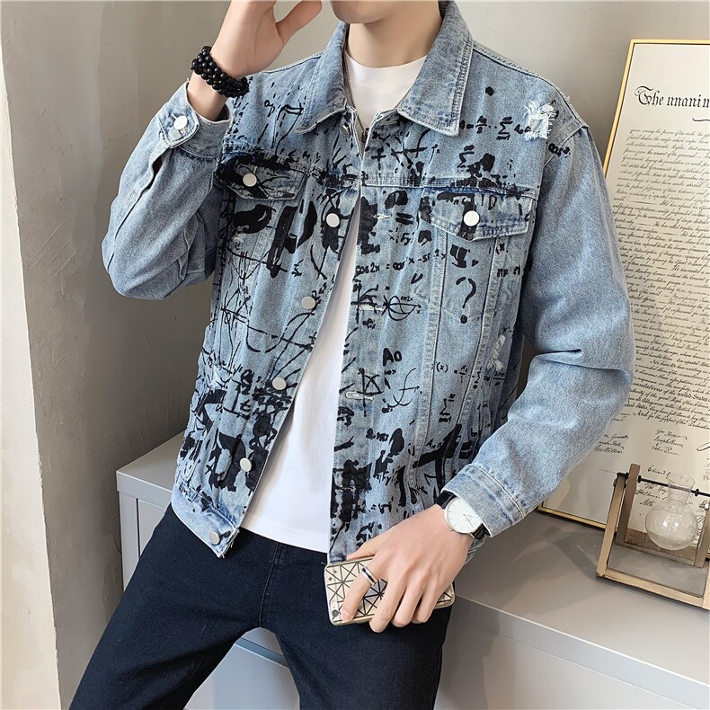 JK823-p90-限价138现货店主风牛仔夹克肥仔量足破洞印花大码，男装夹克，星座103A