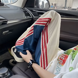 美式高街拼接条纹运动裤男女直筒裤情侣阔腿工装休闲裤A6055-p39图片