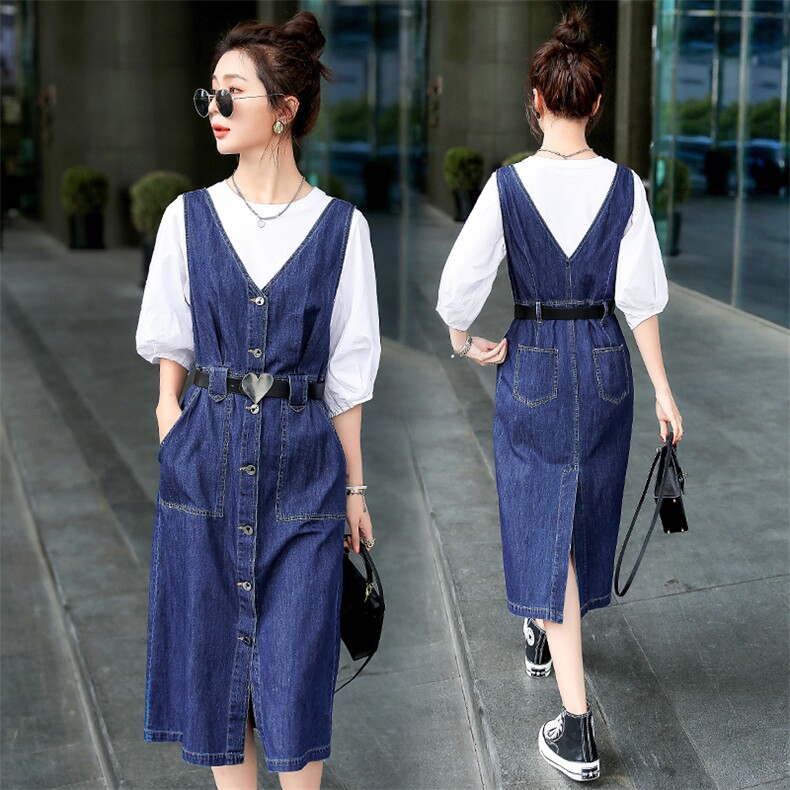 2022韩版时尚新品牛仔背带裙修身显瘦气质长裙百搭潮流女装连衣裙，女装连衣裙，钱塘布衣
