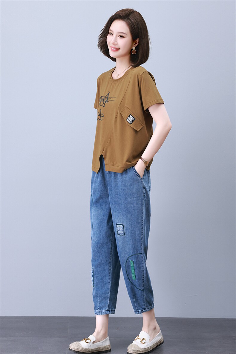 夏季休闲套装女2023年新款中年妈妈时尚洋气短袖宽松牛仔裤两件套,女装套装/套裙,叶笙衣