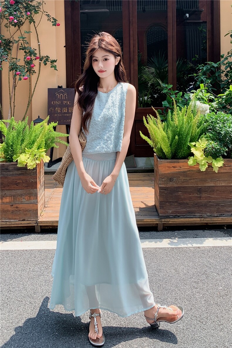 度假风刺绣无袖上衣半身裙套装女2026年夏季新款高级感显瘦两件套,女装套装/套裙,艾米莉亚