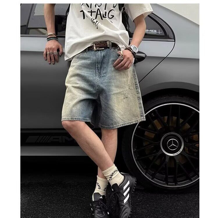 夏季新款美式水洗做旧破洞牛仔短裤男宽松直筒五分裤A5125-P40图片