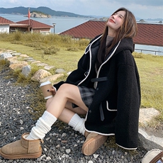 黑色连帽羊羔毛外套女2025秋冬新款慵懒风宽松显瘦小个子加厚大衣，女装短外套，2B187