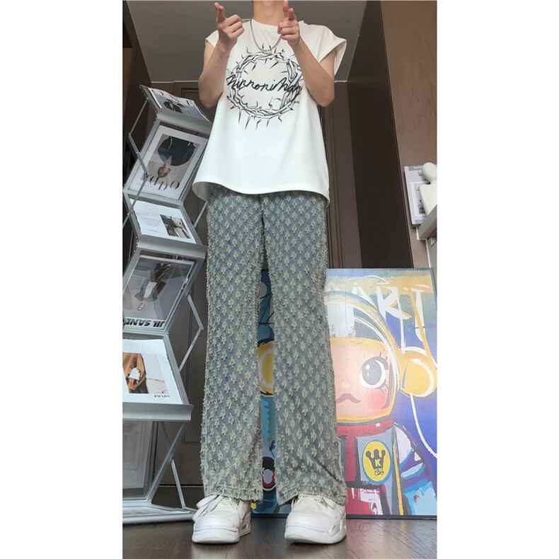 抖音品质夏季新款高街提花满印直筒牛仔裤B315-K24159-p60控78,男装牛仔裤,电商B315