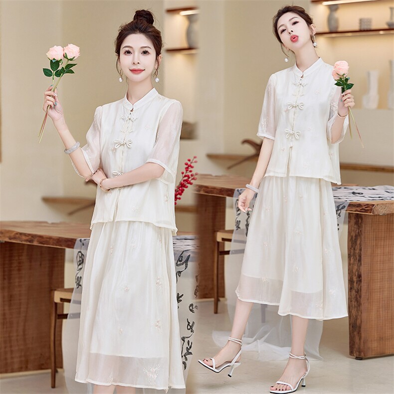 水衣源2593款亮面绣花料新中式小清新宽松套裙，女装套装/套裙，水衣源