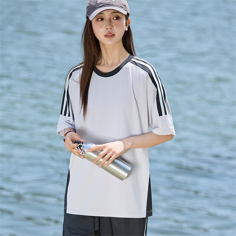 港风插肩袖拼接短袖t恤女纯色三条杠休闲上衣A406T6068特P33,男装T恤,星座309（原A406）
