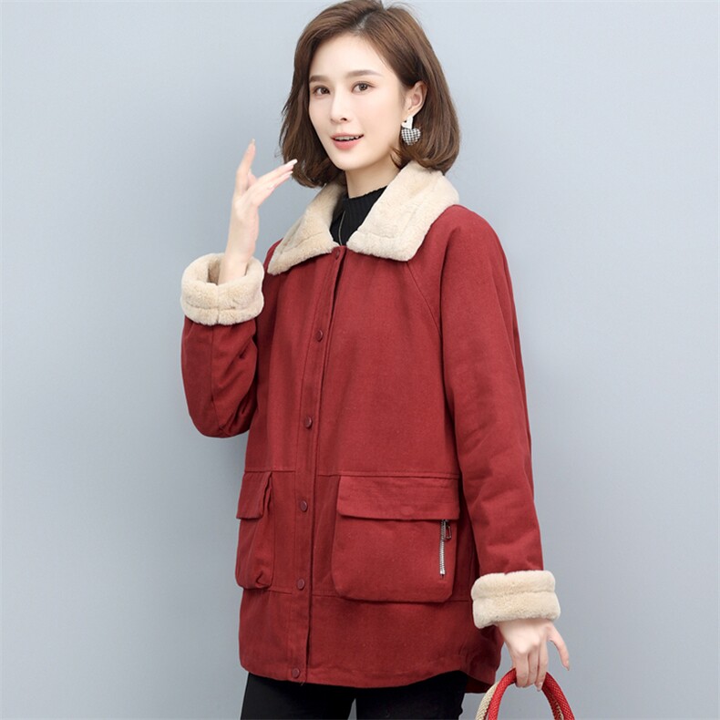纯棉一体绒派克服女风衣大衣加厚加绒防刮防钩外套女中老年妈妈装,女装派克服,璐依舞