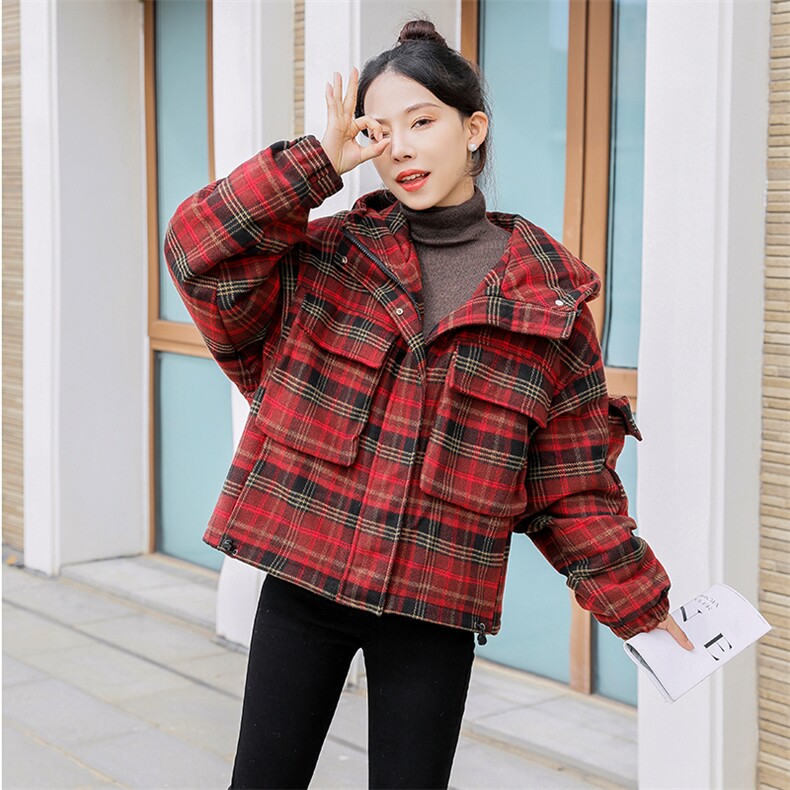 水衣源853A格子毛呢夹棉加厚短款连帽外套,女装棉衣/棉服,水衣源