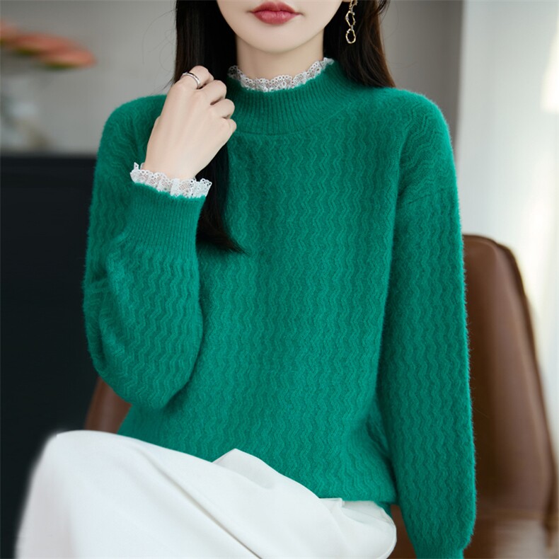 甜美蕾丝花边领保暖针织毛衣女2025秋冬新款半高领打底上衣内搭,针织衫/毛衣,源达羊绒